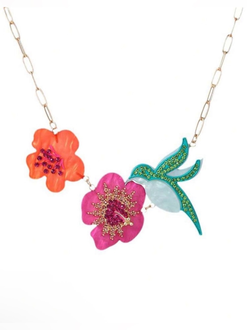 NWT Colorful Floral & Hummingbird Statement Necklace - Pink, Orange, Teal - Picture 3 of 3